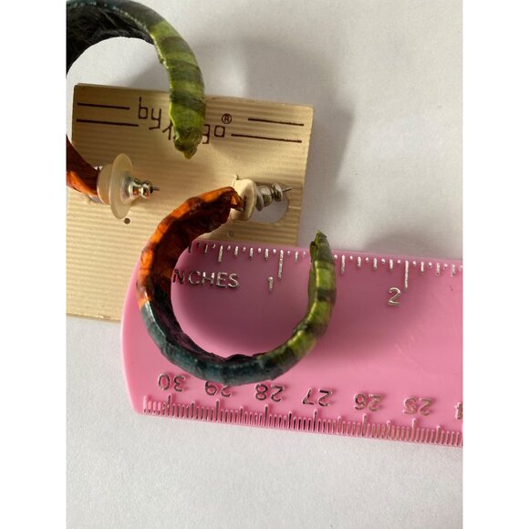 Colorful Chunky Hoop Earrings By Hugo Wood & Resin Striped Design 2" Diameter Mu - Picture 4 of 4